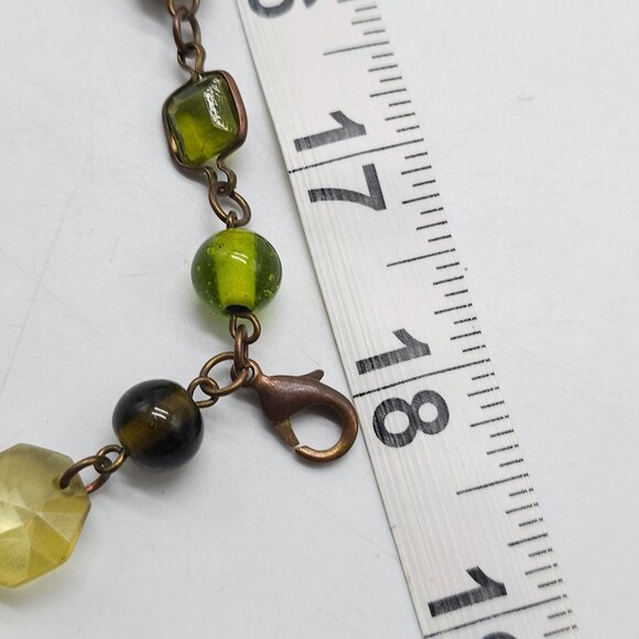 Green Brown Glass Bead Long Necklace With Bronze Chain And Lobster Clasp - Picture 6 of 6
